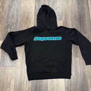 Authentic Supreme Black Hoodie with Chenille Teal Logo. Size M